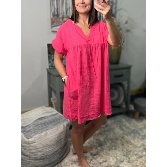 Gauze V Neck A Line Rolled Short Sleeve Pockets Cotton Raw Edge Dress Pink 0223 - Picture 3 of 6